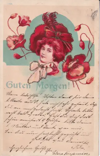 B087 Jugendstil Glamour Schönheit Mohnblumen Blumen Neuheit Glitzer 1901 Postkarte