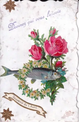 B082 Neuheit 1908 Aprilscherz Rosen Gänseblümchen Fisch Vintage Postkarte