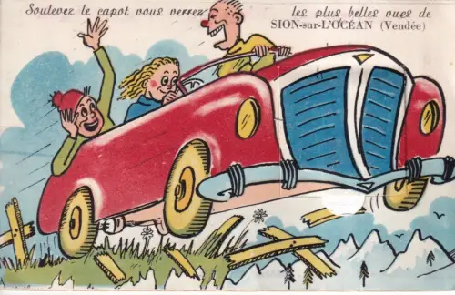 B080 Neuheit Auszug Frankreich Sion sur l'Ocean Freunde fahren schnell Auto Postkarte