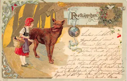 B084 Märchenfantasie Rotkäppchen Wolf 1901 Litho Prägepostkarte