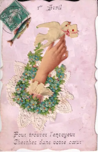 B082 Neuheit 1910 Aprilscherz Taube Brief Hand Vergissmeinnicht Fisch Postkarte