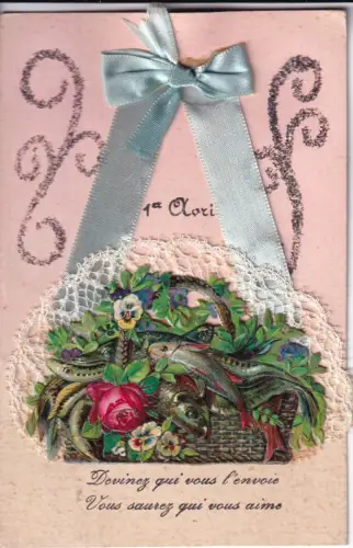 B082 Neuheit Aprilscherz Fischkorb Rose Spitze Seidenband Postkarte