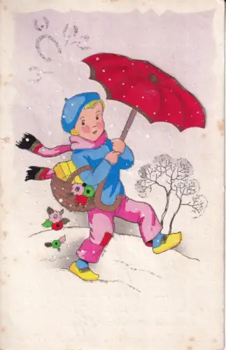 B082 Neuheit Winter 3D Regenschirm Junge Spaziergang im Schnee Blumen Hufeisen Postkarte