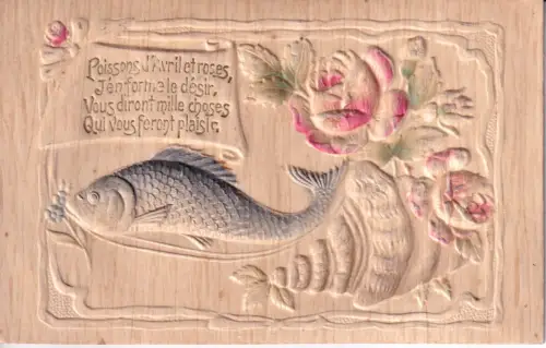 B082 Neuheit Aprilscherz Fisch Blume Rosen Flachrelief Vintage Postkarte