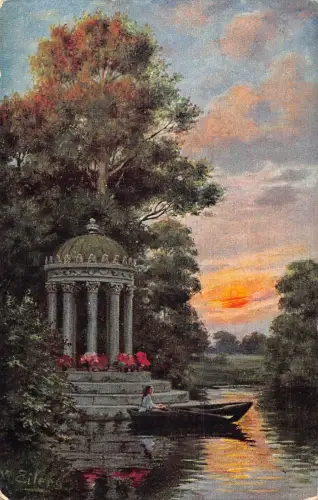 A198 Kunst signiert Eilers Sonnenuntergang See Mädchen im Boot Pavillon Vintage Postkarte