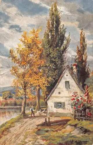 A198 Dorfszene 1912 Landhaus Enten Bauer Äpfel See Kunst Vintage Postkarte