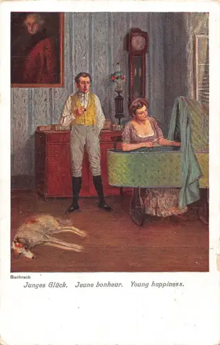 A198 Kunst 1912 Junges Glück Paar Hund Baby Krippe Uhr Zimmer Vintage Postkarte