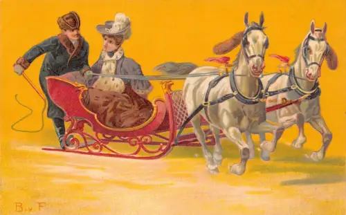 B086 Liebe Romantik Glamour Schönheit Gentleman Paar Pferdeschlitten Schlitten Postkarte