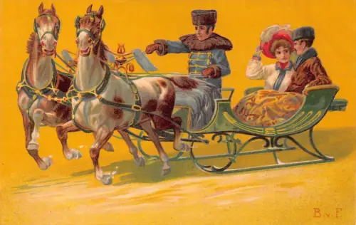 B086 Liebe Romantik Schönheit und Herr Paar Pferdeschlitten Schlitten Postkarte