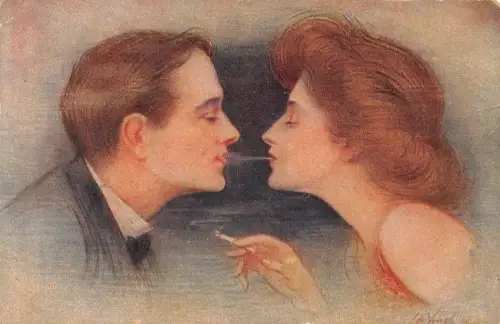 B086 Kunst Glamour Liebe Romantik Paar teilt Zigarettenrauch Postkarte