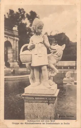 B084 Märchenfantasie Rotkäppchen Wolf Statue Berlin 1913 Postkarte