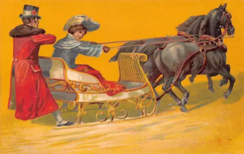 B086 Glamour Art Schönheit und Gentleman Reiten Pferdeschlitten Schlitten Postkarte