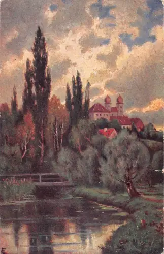 A198 Landschaft Kunst Häuser Wolken Wald Fluss Natur Vintage Postkarte