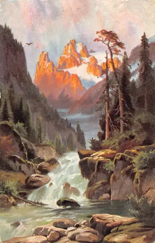 A198 Natur Landschaft Berg Klippen Felsen Wasserfall Kunst Vintage Postkarte