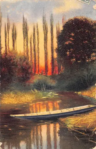 A198 Natur 1910 See und Wald bei Sonnenuntergang Boot Vintage Postkarte