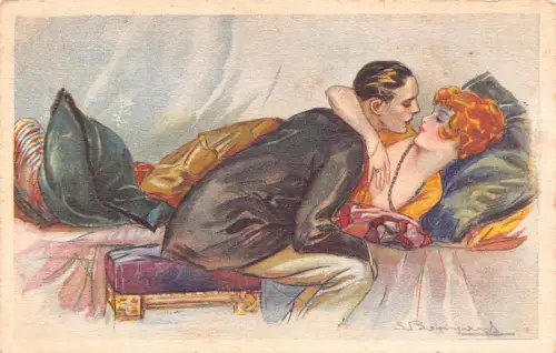 B086 Liebesroman Bezauberndes Paar küsst fast Kunst von S. Bompard Postkarte