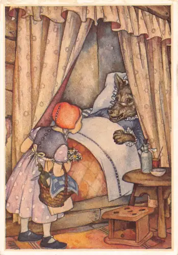 B083 Fantasy Märchen Rotkäppchen Besuch Wolf Oma Postkarte