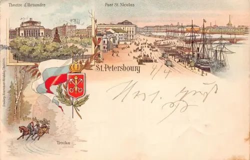 B069 Russland St. Petersburg Alexander Theater Brücke Nikolaus Troika 1902 Postkarte