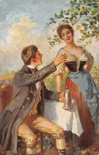 B087 Liebe Romantik Kunst Herr flirtet mit Kellnerin Bierkrug Postkarte