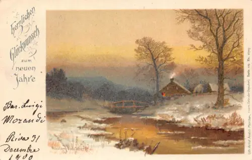 A199 Neujahrsgrüße 1900 Winterlandschaft Flussbrücke Schneehaus Postkarte