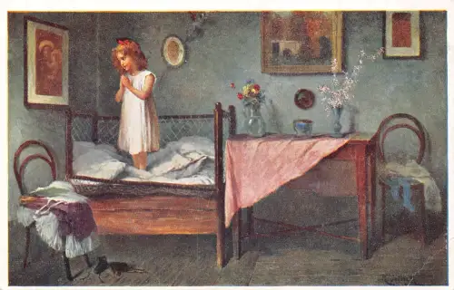 A199 Religiöses Mädchen betet im Bett Blumen Ikone Zimmerkunst signierte Postkarte