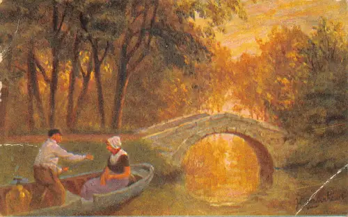 A199 Landschaft 1908 Brücke Bauern Boot Wald bei Sonnenuntergang Vintage Postkarte