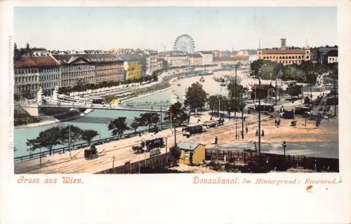 A201 Österreich Gruss aus Wien Donaukanal Hintergrund Riesenrad Postkarte