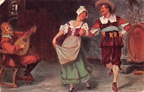 A202 Party 1908 Paar tanzt in Bar Pub Mandoline Musiker Kunst Postkarte