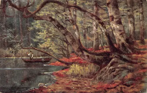 A202 Landschaft 1908 Geheimnisvoller Waldmann Ruderboot Vintage Postkarte