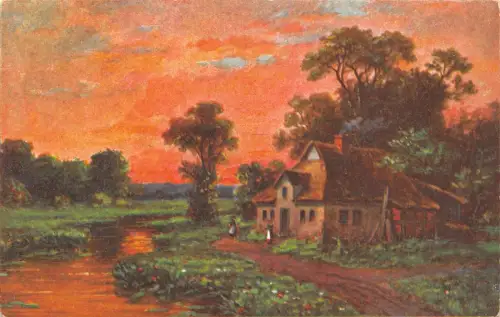 A202 Landschaft 1906 Roter Himmel Sonnenuntergang Landstraße Haus Fluss Postkarte