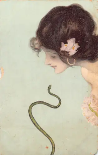 B087 Glamour Scharfes Merkmal Schönheit mit Blick auf Schlange 1908 Vintage Postkarte