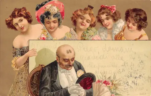 B086 Liebe Romantik Schönheiten Frauen Uhr Herr Blumen 1904 Postkarte