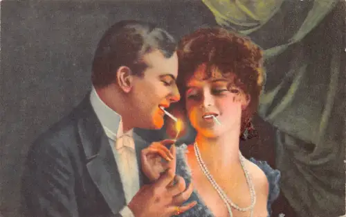 B086 Art Glamour Love Romance Paar zündet Zigarette an mit Streichholz Postkarte