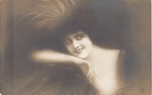 B087 Beauty Glamour Mode Frau lächelndes Federkleid Vintage Postkarte