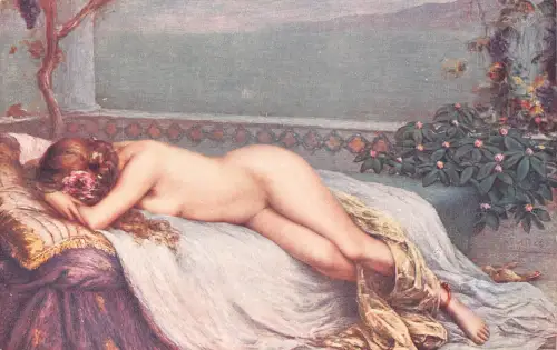 B086 Kunst von L Ridel - Allein nackte gewagte Frau liegend Postkarte