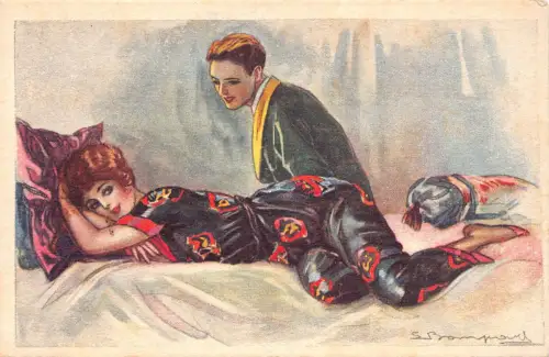 B086 Glamour Schönheit liegt im Bett Hübscher Mann liebt Kunst von S. Bompard Postkarte