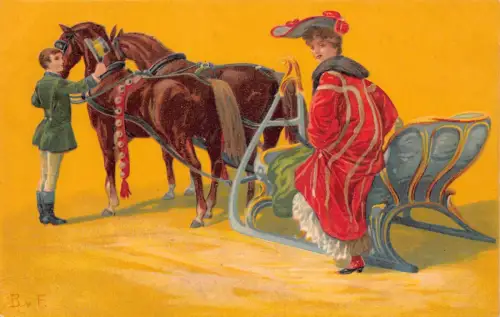 B086 Glamour Art Schönheit steigt ins Pferd Schlitten Vintage Postkarte