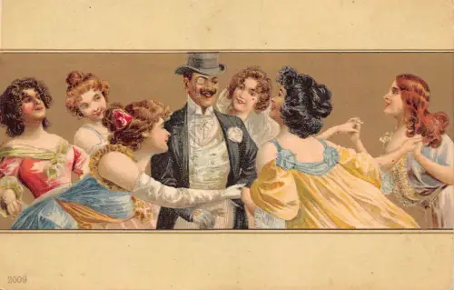 B086 Love Romance Schönheiten Frauen tanzen um Gentleman Postkarte