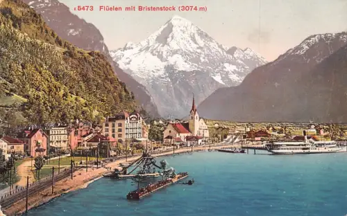 A202 Schweiz Flueelen mit Bristenstock Dampfschiff Vintage Postkarte