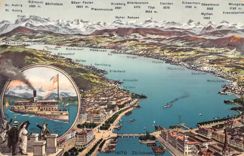 A202 Schweiz Zuerichsee Dampfschiff Karte Flagge Städte Berge Postkarte