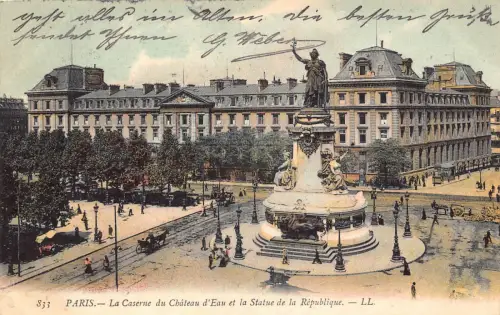A203 Frankreich 1906 Paris Caserne Castle d'Eau Statue der Republik Vintage Postkarte