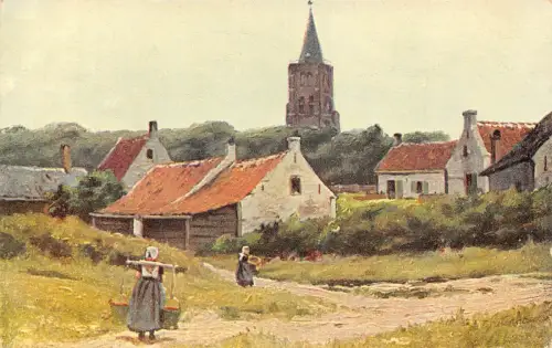 A204 Kunst signiert Gerstenhauer 1908 Frau Bauern pflegt Korb Dorf Postkarte