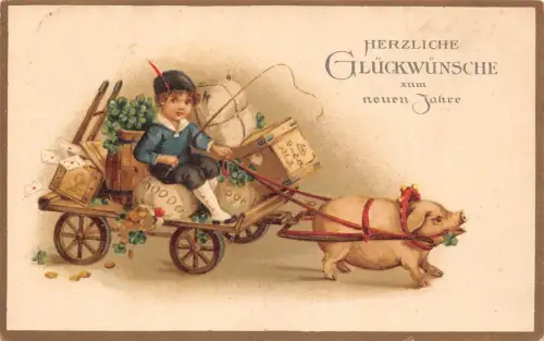 L293 Neujahrsgrüße 1933 Junge Geldbeutel Kleeblatt Schwein Glück Vintage Postkarte