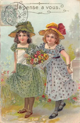 L126 Grüße Frankreich 1906 Mädchen Kinder Blumen geprägt Vintage Postkarte