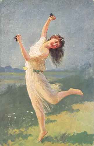B088 Glamour Art von Adolf Hering Frühling Barfuß Mädchen Tanzen Vintage Postkarte