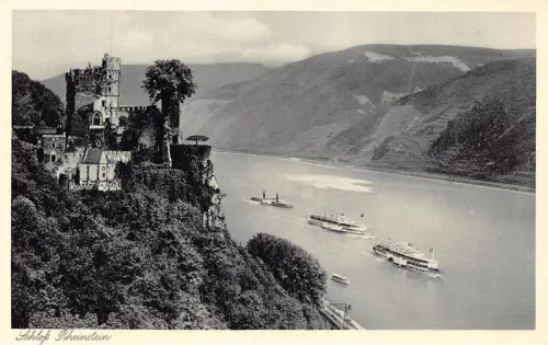 B072 Deutschland Schloss Rheinstein Dampfschiff Schloss Vintage Postkarte