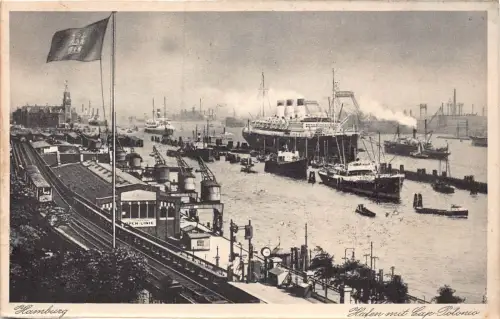 B075 Deutschland Hamburg Hafen mit Cap Polonic Dampfschiff Eisenbahn Vintage Postkarte