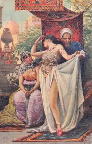 B088 Kunstverkauf einer Sklaven arabische Welt gewagte hübsche Frau Vintage Postkarte