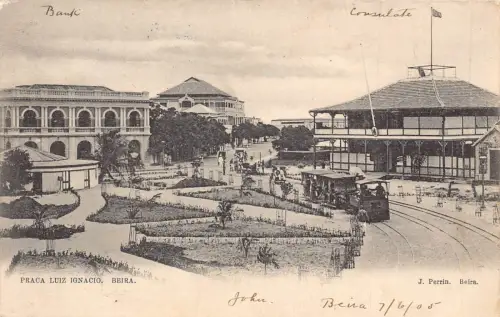 A986 Mosambik 1905 Beira Praca Luiz Ignacio Straßenbahn Bank Konsulat Postkarte