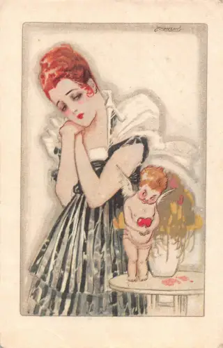 L531 Art Deco Glamour Lady mit Amor von A. Mauzan Vintage Postkarte